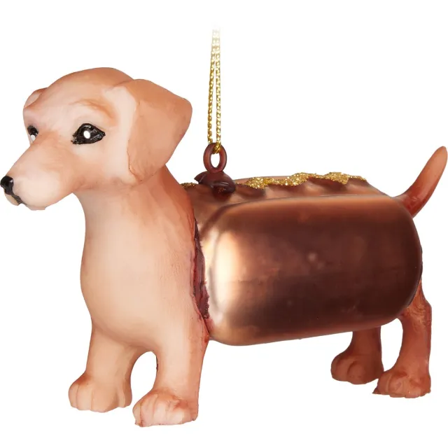 Brubaker Teckel als Hot Dog - Handgeschilderde Glazen Kerstbal - Handgeblazen Kerstversiering - Grappige Kersthanger - Kerstboom Decoratie - 10,8 cm Teckel als hotdog