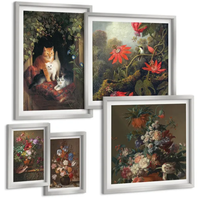 Coloray 5-Delige Schilderij Set - Vintage Bloemen, Katten En Planten In De Natuur - 20 x 30 cm - Muurdecoratie - Decoratieve Schilderijen - Wohnzimmer Zilveren lijst