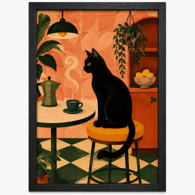 Joshimo Zwarte Kat Poster | Retro Keukenposter met Koffie | Inclusief Zwarte A4 Lijst | Dieren wanddecoratie