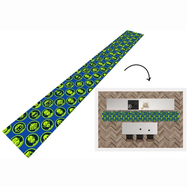 KitchenYeah Keukenloper - Keukenmat - Patronen - Robot - Geel - Blauw - 400x50 cm - Keuken vloerkleed Multicolor