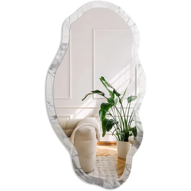 Coloray Marmeren Elegantie Spiegel - Wit Rechthoekige Spiegel Met Modern Design - Organische Spiegel - Woonkamer - Klassiek - 45x90 cm - Totale afmeting 52x97 cm Witte Marmerstructuur, Wit