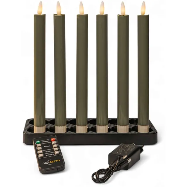 Dorsetto Dinerkaarsen LED olijfgroen 250 mm, oplaadbaar, tot 400 uur brandduur, set van 6 Olijf groen