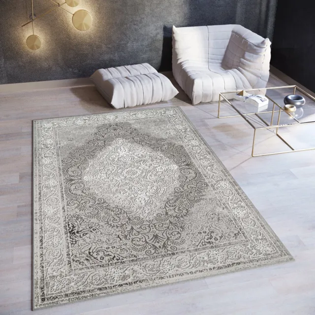 Tapiso Ares Vloerkleed Grijs Laagpolig Oriental Woonkamer Frame Tapijt Maat- 160x220 Lichtgrijs