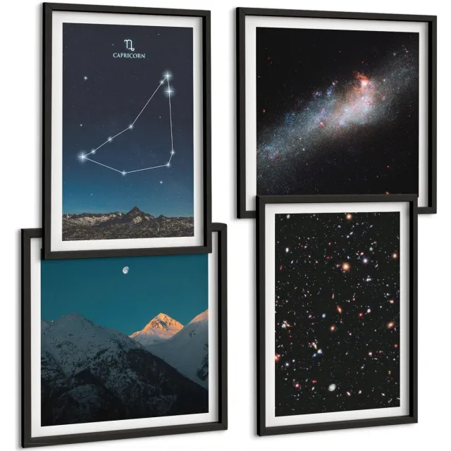 TULUP 4-Delige Schilderij Set - Sterrenbeeld Steenbok Sterren boven de bergen - 40 x 40 cm en 40 x 60 cm - Decoratieve Schilderijen - Wanddecoratie - Hal - Woonkamer Decoratie Zwarte lijst