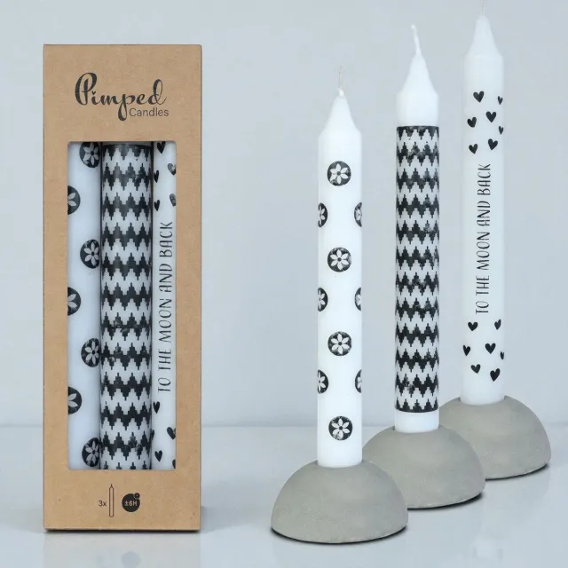 Hortus Dinerkaarsen Pimped candles zwart met wit - set van 3 kaarsen - giftset - cadeau voor haar - to the moon and back Zwart Wit