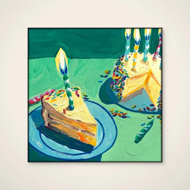 HelloWalls Akoestisch schilderij - 100 x 100 cm - Festive Cake Slices van Pauline Wegman | Key and Sea Creative - Abstracte wanddecoratie - zwart textielframe Meerkleurig