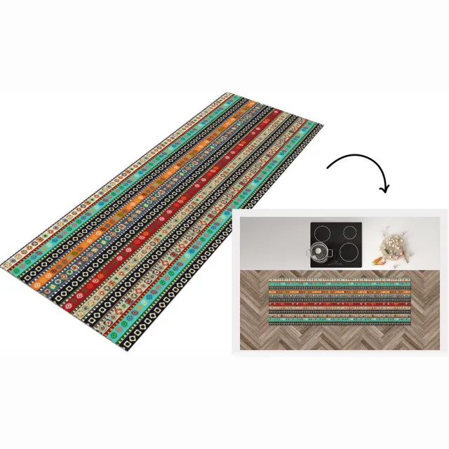 KitchenYeah Keukenloper - Loper keuken - Patroon - Azteken - Symbolen - Regenboog - 180x60 cm - Keukenloper vinyl Multicolor