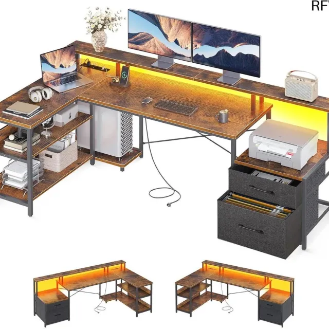 RFWR Groot L-vormig Bureau met USB Oplaadpoorten en Ledverlichting - Omkeerbaar Gaming Bureau voor Thuis en Kantoor Vintage Bruin