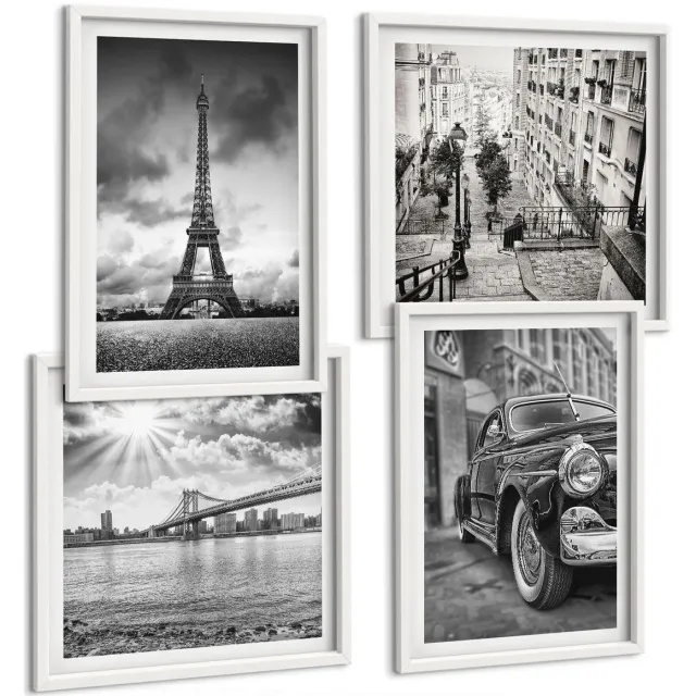 TULUP 4-Delige Schilderij Set - Stadsgezichten Bruggen Eiffeltoren Klassieke auto - 40x40 en 40x60 - Muurdecoratie - Wanddecoratie - Hal - Decoratieve Schilderijen Witte lijst