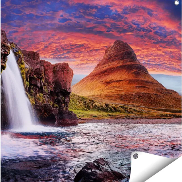 Gards Tuinposter Waterval bij een Berg - 70x70 cm - Tuindoek - Tuindecoratie - Wanddecoratie buiten - Tuinschilderij Multikleur