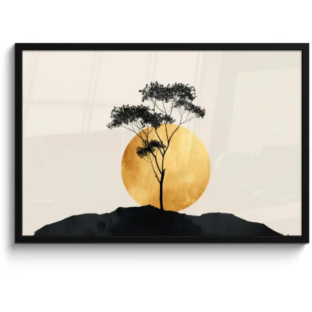 FrameYourWall Poster in lijst - Fotolijst 90x60 cm - Posters - Zwarte boom - Gouden cirkel - Heuvel - Posterlijst zwart - Decoratie - Wanddecoratie woonkamer - Muurdecoratie slaapkamer