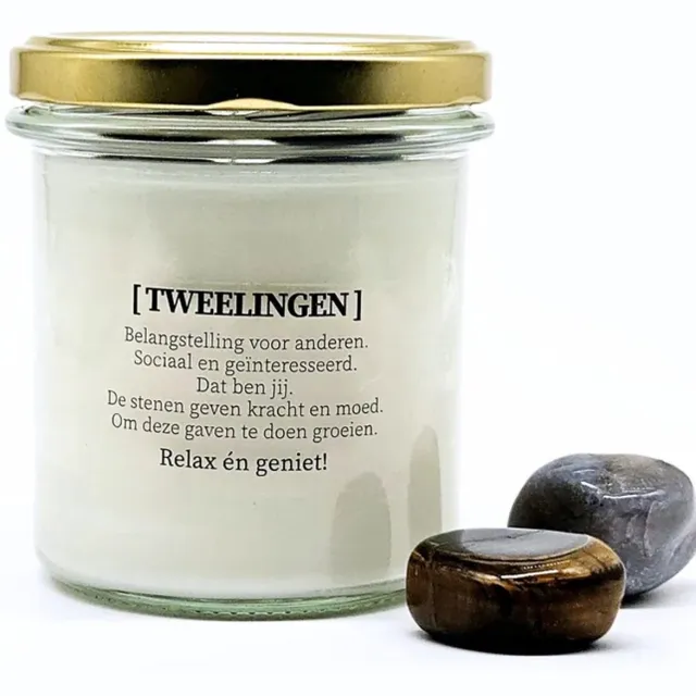 Candlelight-on sterrenbeeld kaars met edelstenen - Tweelingen - o.b.v. sojawas en etherische oliën