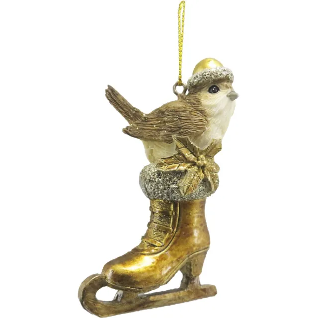 Clayre & Eef Kersthanger Vogel 8 cm Goudkleurig Kunststof Kerstbal
