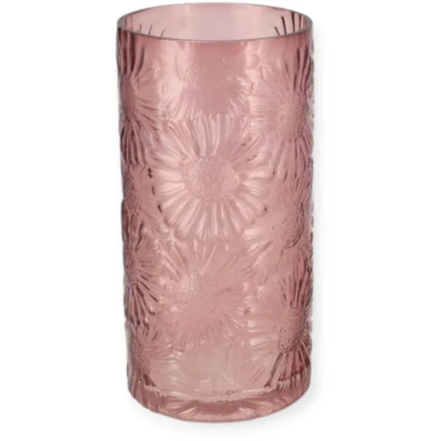 DK design Daan Kromhout - Vaas - Glas - Donker Roze - Bloemen Reliëf - 26x13cm - Cilindervaas