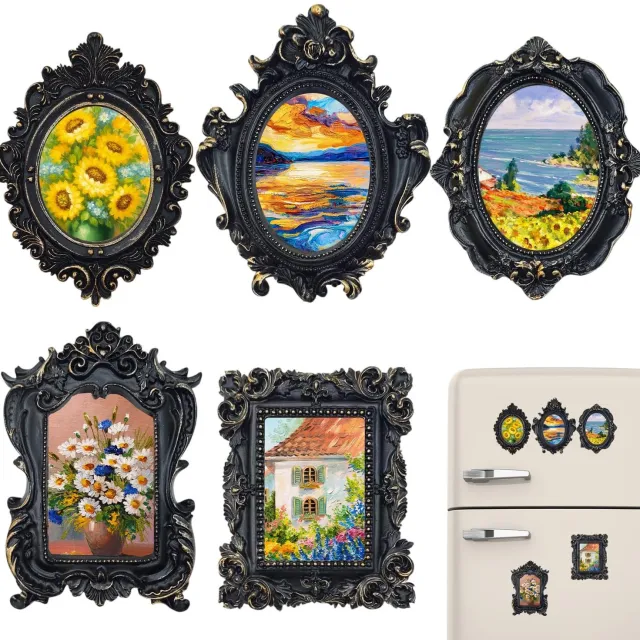 Famanu Set van vijf vintage mini fotolijsten zwart goud voor koelkast en wanddecoratie