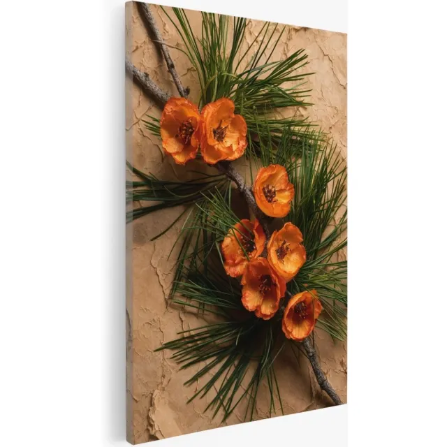 Saammp Canvas Schilderij - Planten - Oranje bloemen bij steen - 30x40 - Foto op canvas - Wanddecoratie - Muurdecoratie Woonkamer - Kantoor Decoratie Multicolor