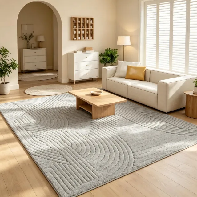 FloraGrace Vloerkleed Hoogpolig – 230 x 160 cm – Polyester En Katoen – Grijs – Geometrisch Reliëf – Antislip voor Woonkamer En Hal