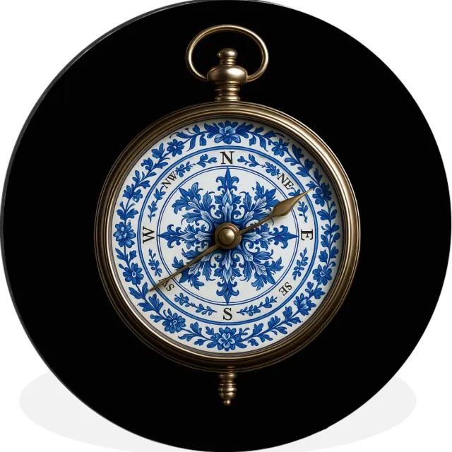 WallCircle Wandcirkel - Muurcirkel - Kompas - Delfts blauw - Zwart - Aluminium - Dibond - 140x140 cm - Binnen en Buiten