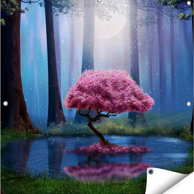 Gards Tuinposter Roze Boom op een Vijver in de Nacht - 80x80 cm - Tuindoek - Tuindecoratie - Wanddecoratie buiten - Tuinschilderij Multikleur