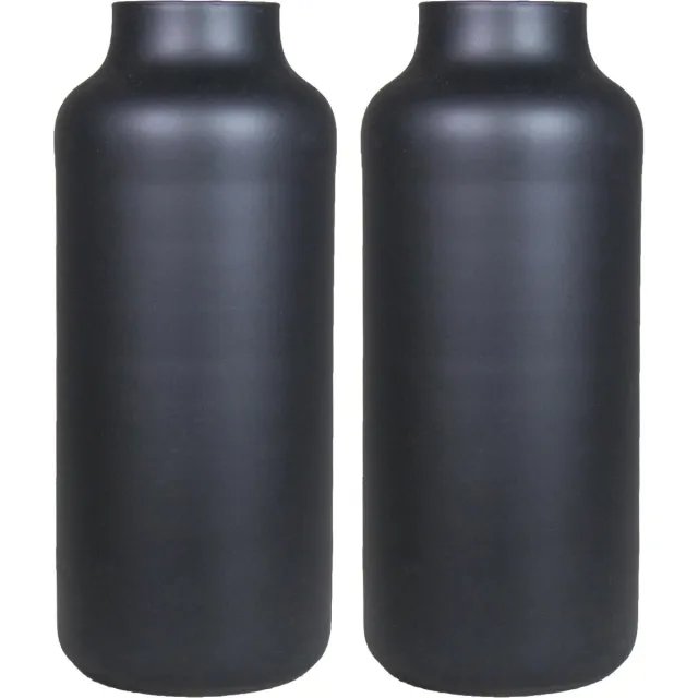 Floran Bela Arte Bloemenvaas Milan - 2x stuks - mat zwart glas - 15 x 35 cm - melkbus vaas met smalle hals