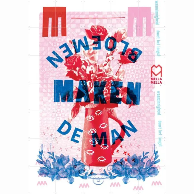 IXXI Bloemen maken de Man, Mella Mella - 100 x 140 cm - Grote wanddecoratie en posters - Houtsnede, Kleurrijk, Illustraties, Collage, Grafisch Roze