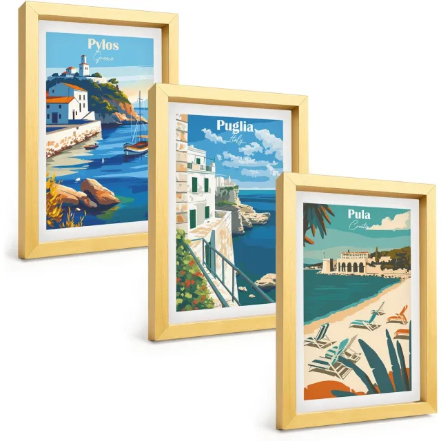 TULUP 4-Delige Schilderij Set - Schilderachtige kustlandschappen uit toeristische landen - 20 x 30 cm - Wanddecoratie - Moderne Interieurdecoratie - Woonkamer Decoratie Gouden lijst