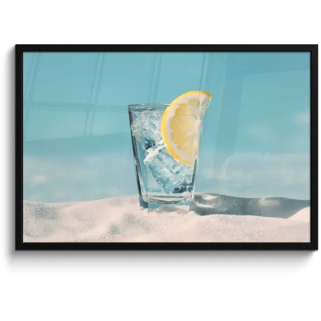 FrameYourWall Poster in lijst - Fotolijst 90x60 cm - Posters - Glas - ijsblokjes - Citroen - Posterlijst zwart - Decoratie - Wanddecoratie woonkamer - Muurdecoratie slaapkamer