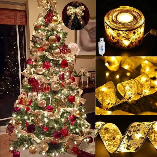 Nosheir LED lichtslinger 10 m met USB – Lichtsnoer in lintvorm – 100 LED – Goudkleurig lint – Warm licht – Voor kerstboom, party en feestdecoratie – Breedte 5 cm