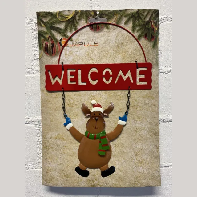 Impuls Metalen Kersthanger "Welcome" - Rendier - 27.5x19.5 x1cm - Kerstdecoratie - Seizoen decoratie Rood + Bruine Rendier