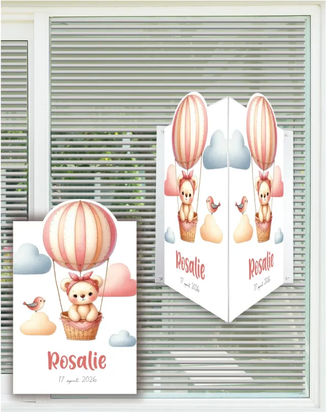 Studio Jitske StudioJitske raamsticker 80cm raambord geboortebord geboorte aankondiging Beer in luchtballon