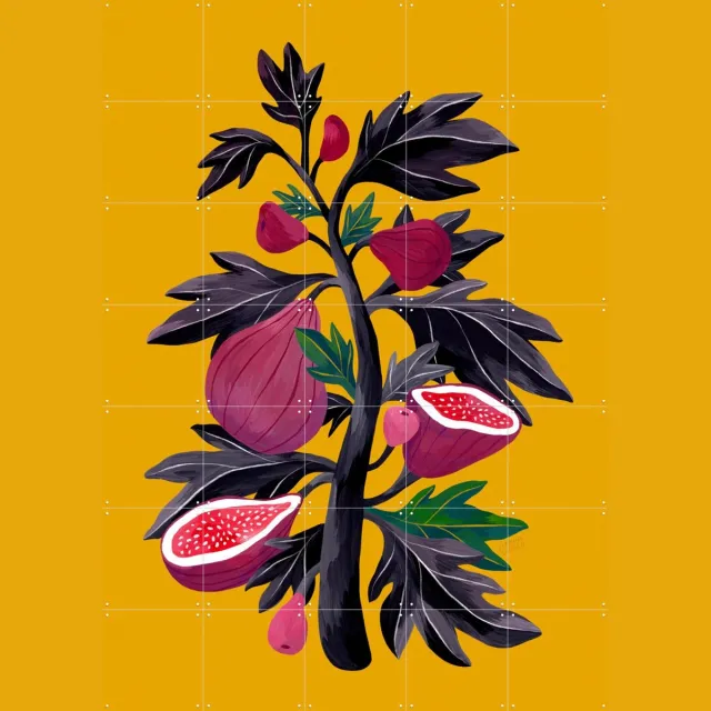 IXXI Fig Tree, Flaming Garden - 100 x 140 cm - Grote wanddecoratie en posters - Kleurrijk, Speels, Illustraties, Keuken, Eetkamer, Woonkamer, Natuur Geel