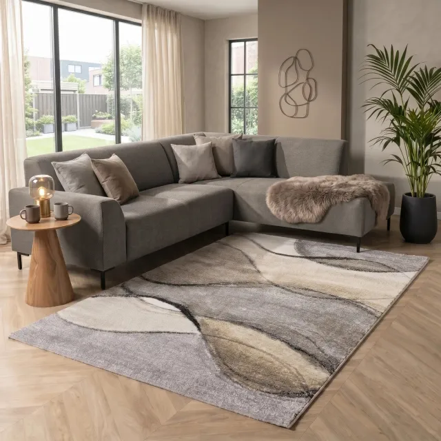 flycarpets Belos Modern vloerkleed - Beige / Grijs / Taupe - 140x200 cm - Laagpolig Tapijt Woonkamer