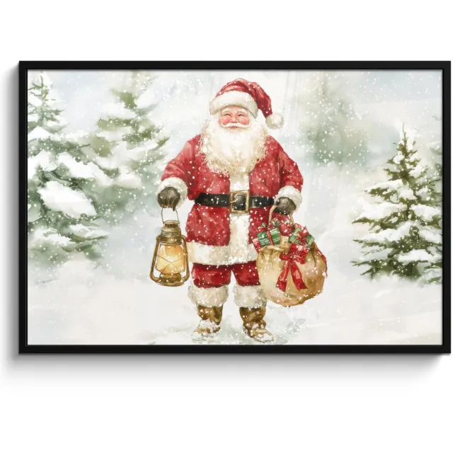 FrameYourWall Poster in lijst - Fotolijst 120x80 cm - Posters - Kerstman- Winter - Sneeuw - Wit - Rood - Posterlijst zwart - Decoratie - Wanddecoratie woonkamer - Muurdecoratie slaapkamer - Kerstversiering - Kerstdecoratie voor binnen - Kerstmis