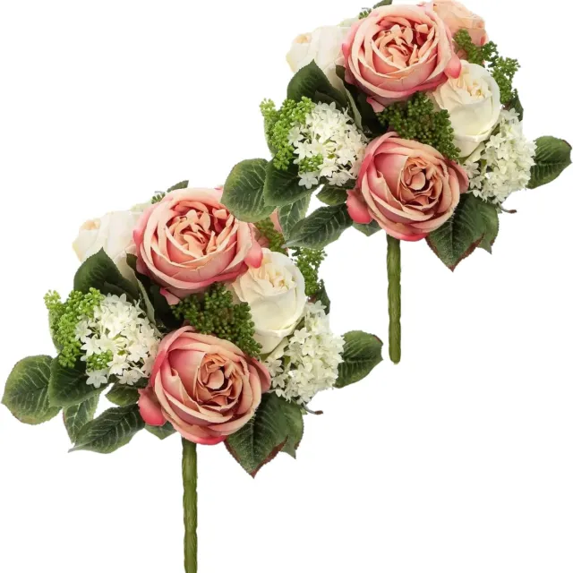 Atmosphera kunstbloemen 2x boeketten wit/roze rozen 35 cm