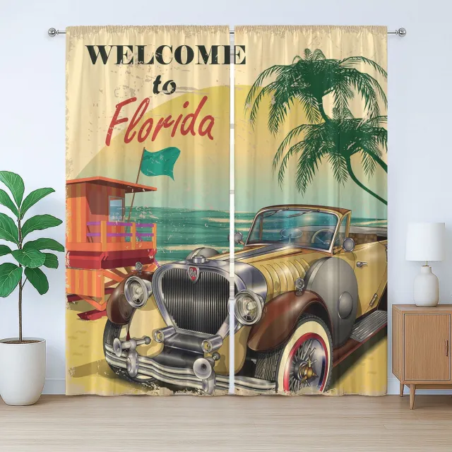 ABAKUHAUS Florida Rustiek Gordijn, Afbeelding Oude Strandauto, met Bandjes, Lussen en Haken voor de Woonkamer, 280 x 175 cm, Multicolor