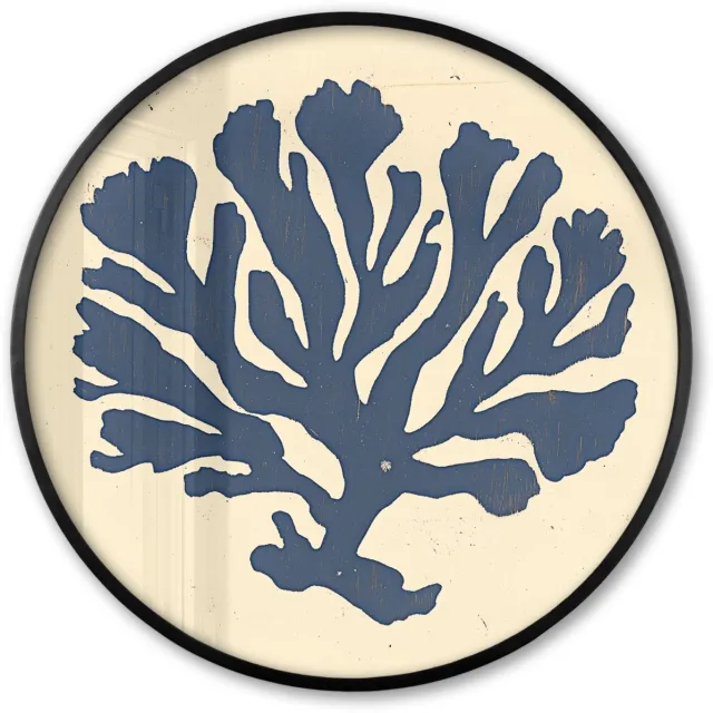 FrameYourWall Poster in lijst Rond - Fotolijst 60x60 cm - Posters - Blauw koraal - Vertakkingen - Beige - Ronde posterlijst zwart - Decoratie - Wanddecoratie woonkamer - Muurdecoratie slaapkamer