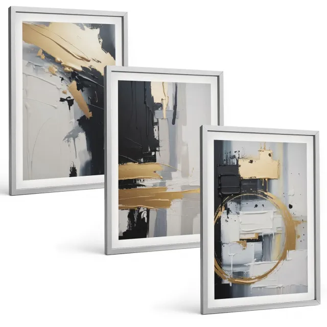 Coloray 3-Delige Schilderij Set - Abstracte Schilderijen In Zwart-Wit - 40 x 60 cm - Decoratieve Schilderijen - Wanddecoratie - Hal - Moderne Wanddecoratie Zilveren lijst