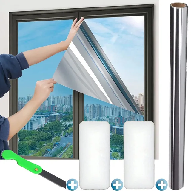 Raamfolie / Spiegelfolie voor raam Zilver, reflecterende raamfolie Eenrichtingsspiegelglasfolie, zelfklevend, reflecterend, inzichtbescherming, zonwering, voor warmte-isolatie, UV-bescherming (90x200cm) Doorzichtig