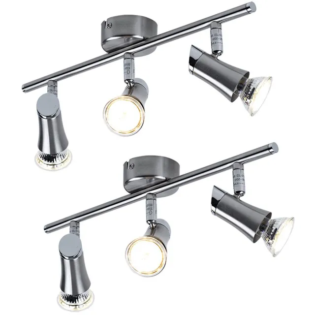Globo Plafondlamp Spot strip plafondlamp met beweegbare spots 3 flame plafondspot, metaal chroom mat nikkel, 3x GU10 LED warm wit, LxH 39x11.5cm, set van 2 zilver