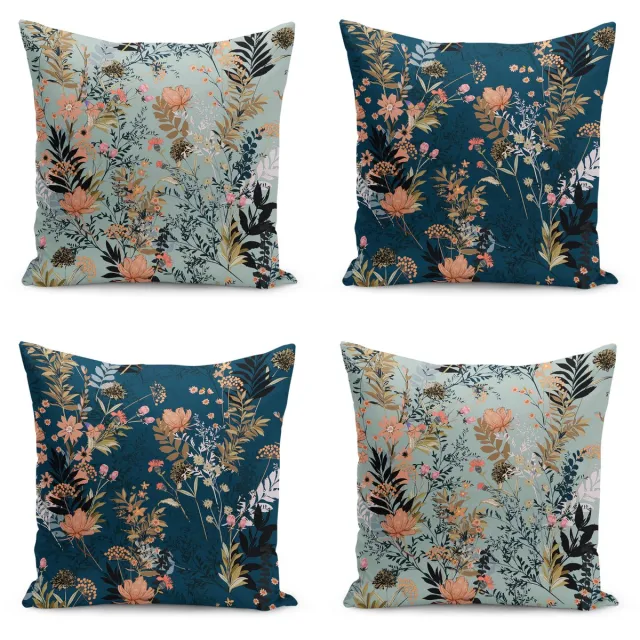De Groen Home Kussensloop - kussenhoes - Sierkussenhoes - hoes voor sierkussens Flora - Velvet Kussenhoes set van 4 - 50x50 - Bloemen op donkerblauw/lichtblauw - Kussensloop