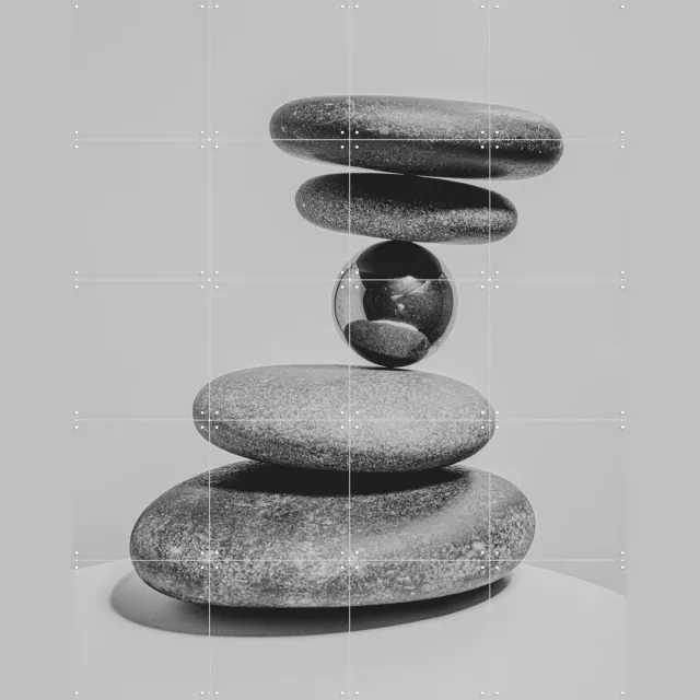 IXXI Balanced Stones with Blackpearl, Sander van Laar - 80 x 100 cm - Grote wanddecoratie en posters - Fotografie, Geometrische Kunst, Minimalisme Monochroom / Zwart en wit / Grijs