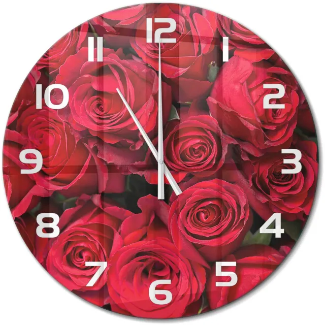 TULUP Wandklok - Rode rozen Glazen Wandklok Design - fi60 cm - Rood Klok Glas Met Opdruk - Witte handen - Ronde Klok - Wandklok Glas Met Motief - Decoratieve Glazen Klok