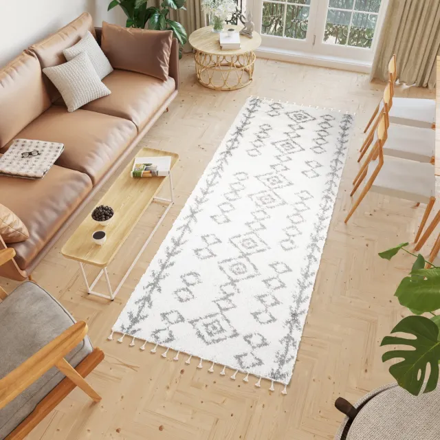 Tapiso Boho Loper Licht Beige Kwastjes Woonkamer Hoogpolig Vloerkleed Creme 1