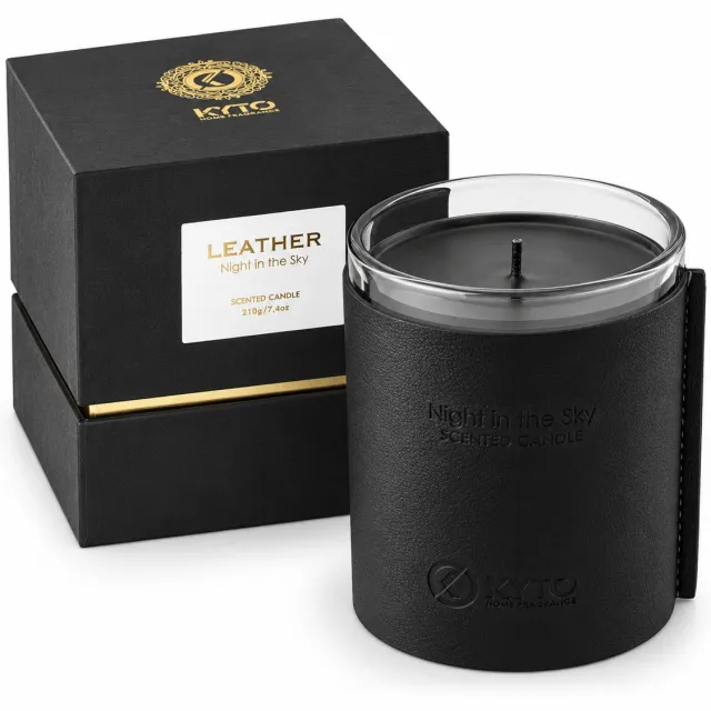 Kyto Geurkaars in glas met mooie vegan lederen hoes, cadeauset, 40 uur brandduur, cadeauset, geur: vanille & amandel/cederhout & vanille/bergamot (Night in the Sky)