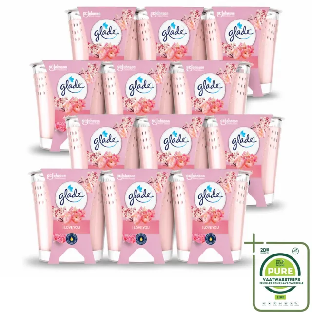 Glade 12 x Glade - Geurkaars I Love You - 100% Raapzaadwas & Vegan - 112 g - Grootverpakking - Vaatwasstrips - Geurkaars - Vegan - Bloemige Geur - Meloen - Perzik roze