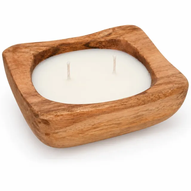 WDMT Geurkaars in Houten Kom Vierkant – 2 Lonten – Compacte Sfeerkaars 12,5 x 12,5 cm – Natuurlijke Woondecoratie – Luxe Kaars voor Interieur & Cadeau Wit