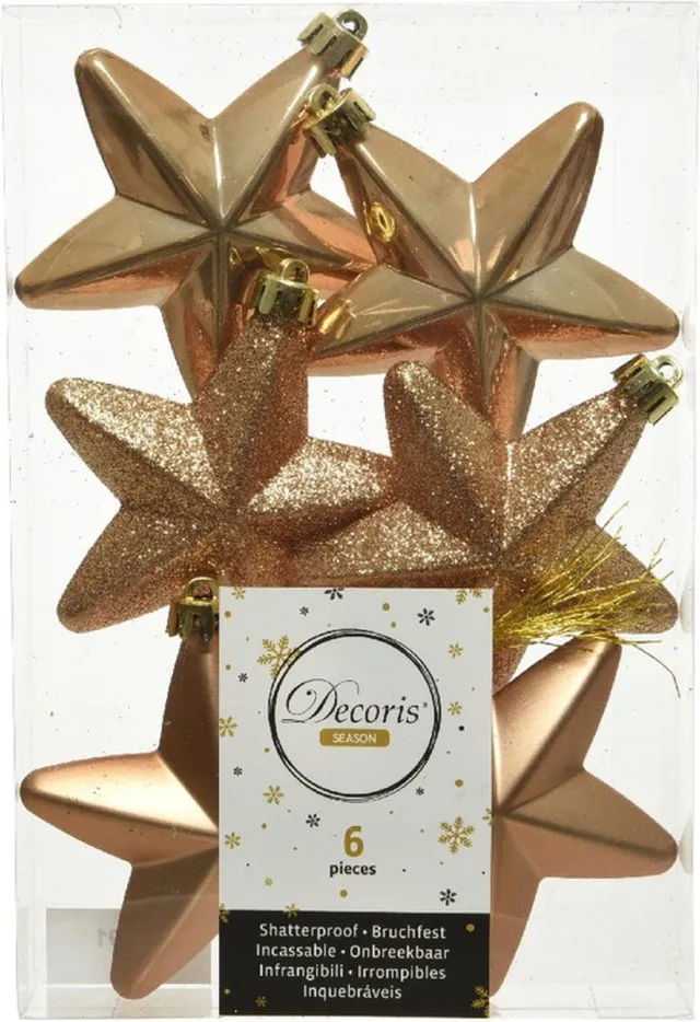 Decoris kersthanger sterren - 6x st - camel bruin - 7 cm - kunststof - kerstornamenten - kerstversiering