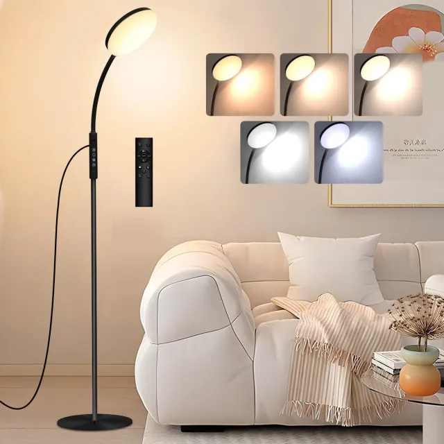 MUPOO LED Vloerlamp Dimbaar - Leeslamp Staande met Flexibele arm -staande lamp met Afstandsbediening - 5 Lichtstanden &10 Helderheidsstanden - Timer - voor Woonkamer Slaapkamer Kantoor-Zwart