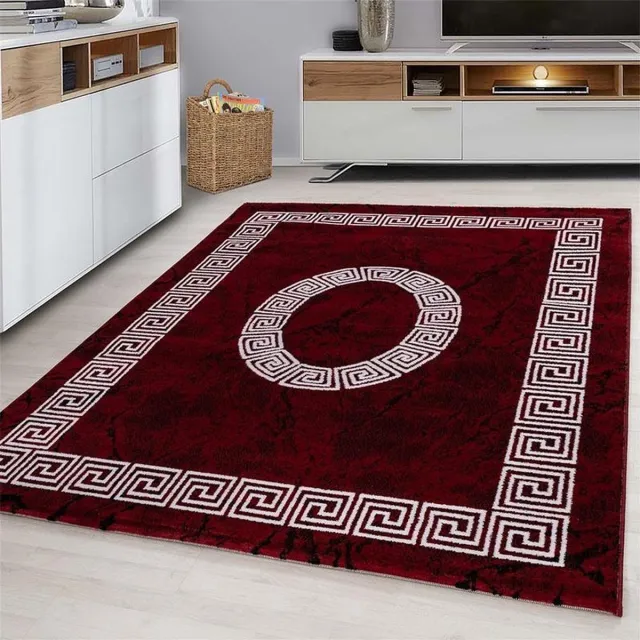 Plus Kortpolig vloerkleed, meanderpatroon, rood, woonkamerkleed, jute achterkant, afmeting: 120 cm x 170 cm