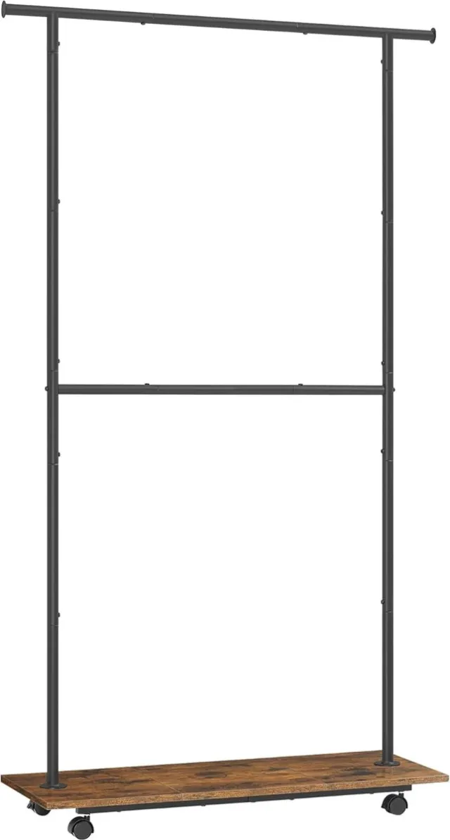 FurnStar Kledingrek -Kledinghangers - Dubbele Kapstok Met Zwenkwielen En Plank - ‎35 x 98.5 x 18.3 cm - Rustiek Bruin En Inktzwart Rustiek Bruin En Zwart
